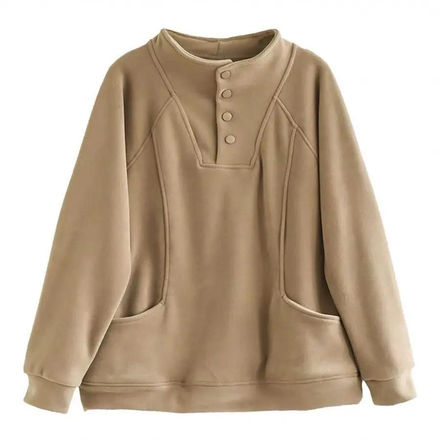 Warm Thermal Sweatshirt Women's Loose Cover-up Design Button Half High Collar Velvet Polyester Full Sleeve Casual Top