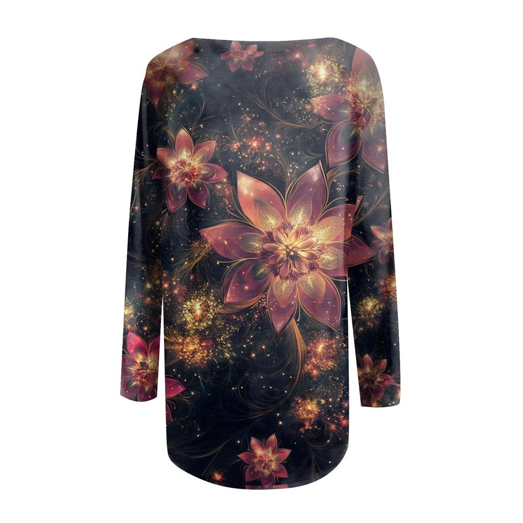 Women's Fashion Casual Long Sleeve  Print Round Neck Pullover Top Blouse