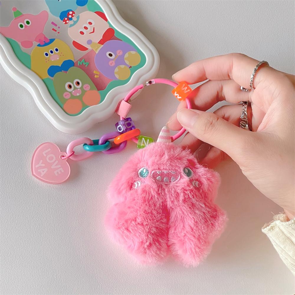 Korea Cute Cartoon Fuzzy Plush Monster Phone Key Chain Beaded Keychain For iPhone 11 13 ProMax Anti-Lost Chain Hanging Jewelry