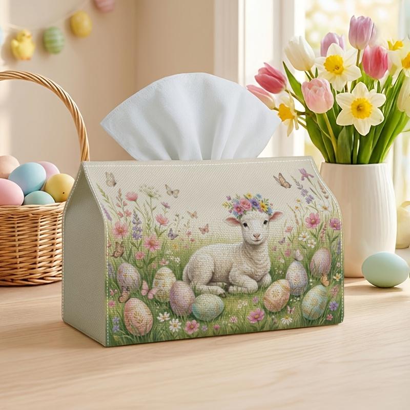 1pc Easter Decoration Romantic Easter Lamb Floral Tissue Box with Watercolor Pastel Soft-Napkin Storage Organizer for Kitchen,Car,Decorative Box,Purpo