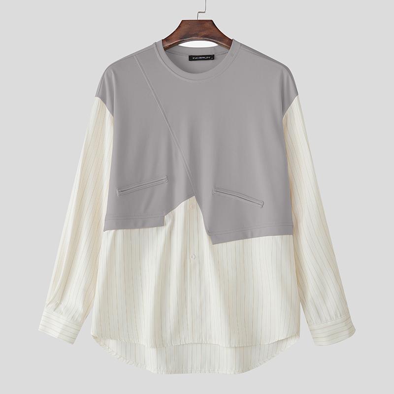 

INCERUN Oversiezd Men Casual Round Neck Long Sleeve Patchwork Striped Shirts Tops S серый