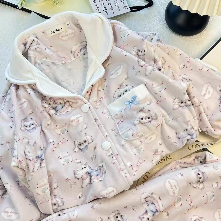 Women's Cartoon Dog Sea Island Cotton Pajama Set - Long Sleeve, Loose, Plus Size Homewear