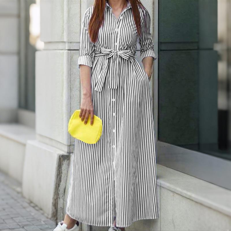 ZANZEA Women Turn Down Collar Casual 3/4 Sleeve Loose Stripe Dress