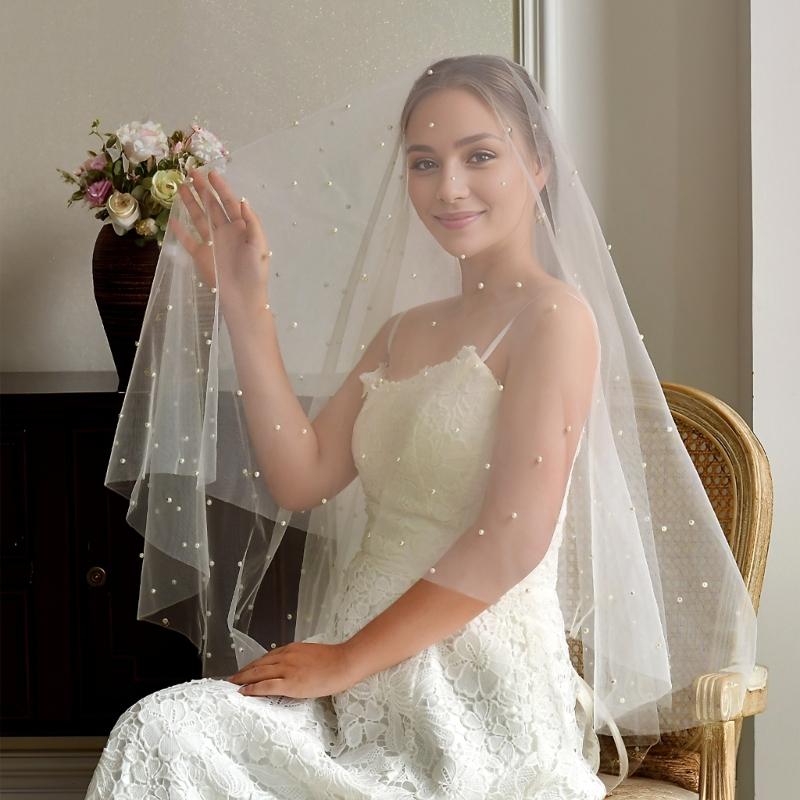 Luxurious Double Layer Bridal Veils Airy Sheer Hair Accessory For Wedding Pearls Adorned Headpiece Classical Design