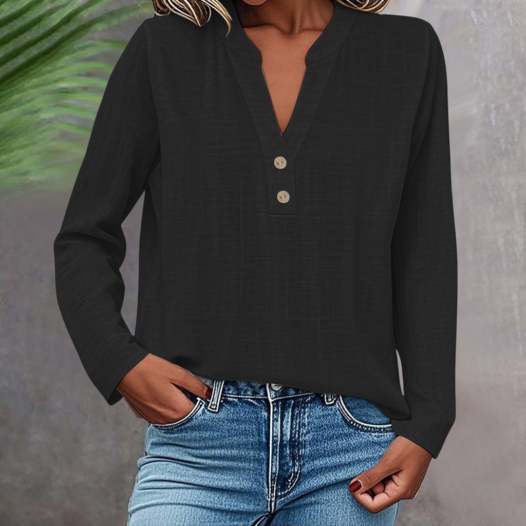 Long Sleeve Linen Tops For Women Loose Fit V Neck Button Down Shirts Cute Solid Summer Beach Tee Shirts