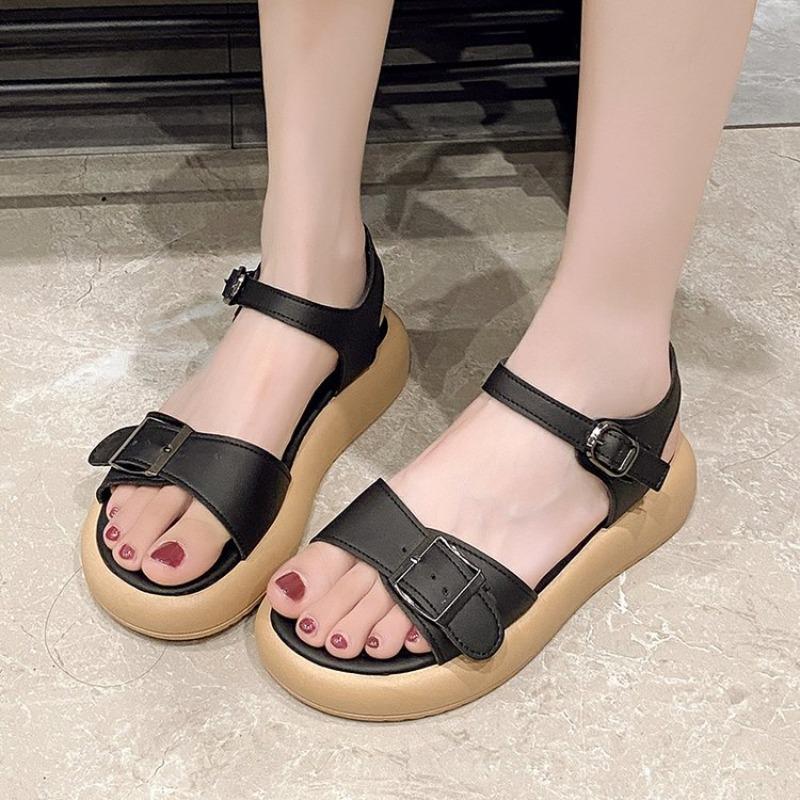 Round head open-toed thick-soled one-character sandals summer fashion light-mouth buckle beach shoes student simple women's shoes