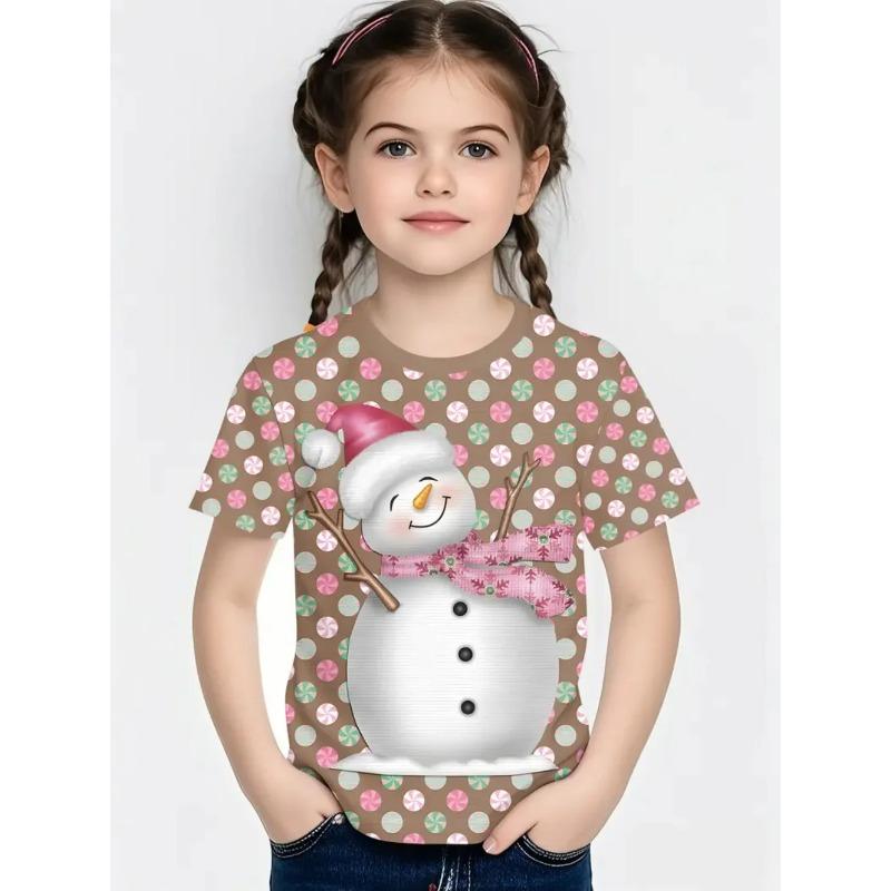 Round Neck 3D Christmas Theme Printed Short Sleeved Children's Girl T-shirts - Soft Medium Stretch Polyester Fabric Summer Relaxed Fit Clothing