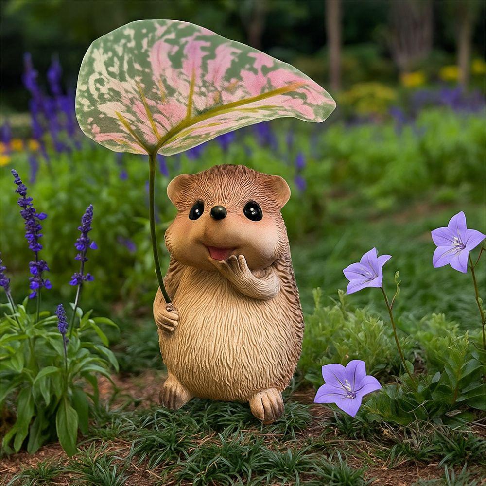 Weatherproof Leaf Umbrella Hedgehog Figurine Cute Small Hedgehog Sculpture Office Desk Decor