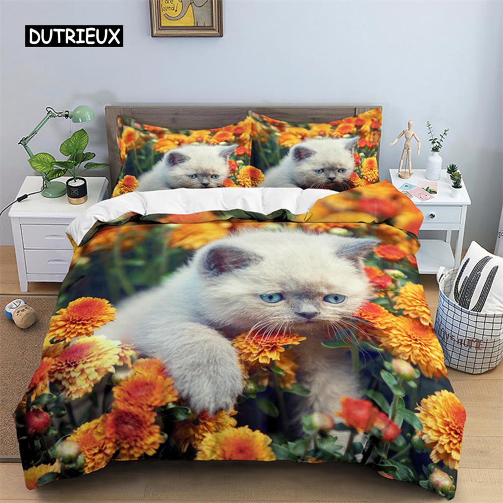 3D Cat Print Duvet Cover Floral Bedding Set Twin Full For Kids Girls Boys Room Decor Luxury Microfiber Funny Animal Quilt Cover