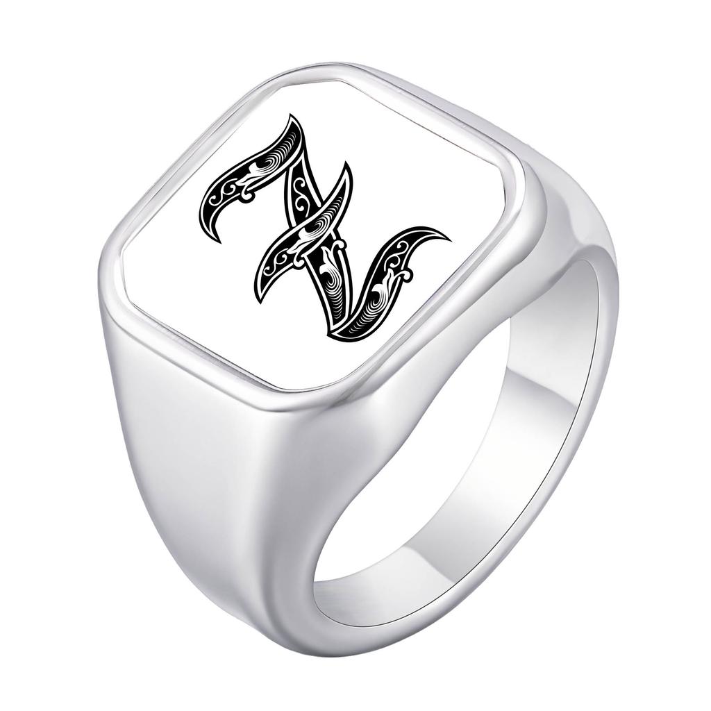 Engrave Custom A-Z Initial Picture Rings for Men, Stainless Steel Male Signet Ring, High Polished Finger Jewelry Gift Father Day