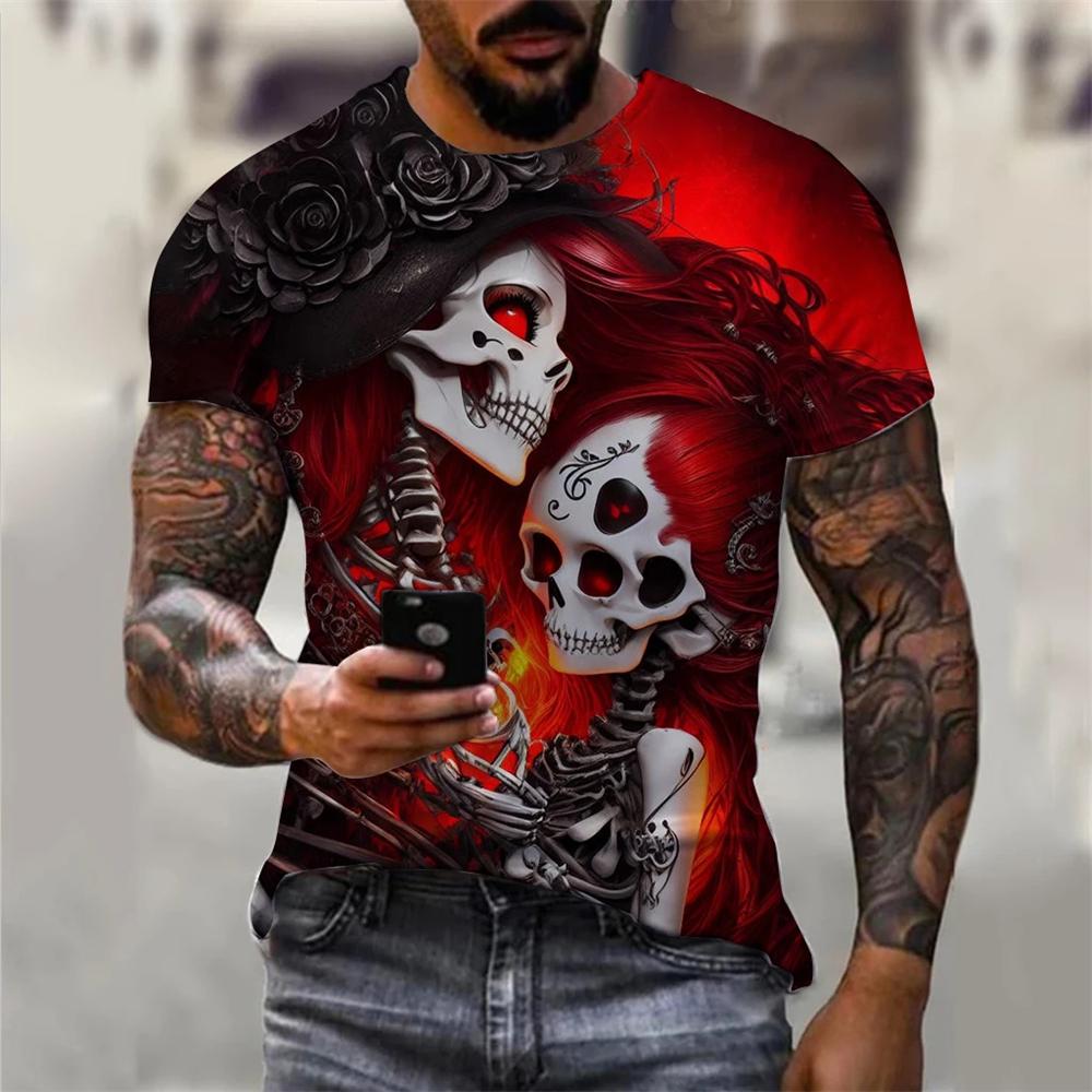 Summer Round Neck 3D Skull Graphic Print Top Fashionable Casual Short Sleeved Men's T-shirts