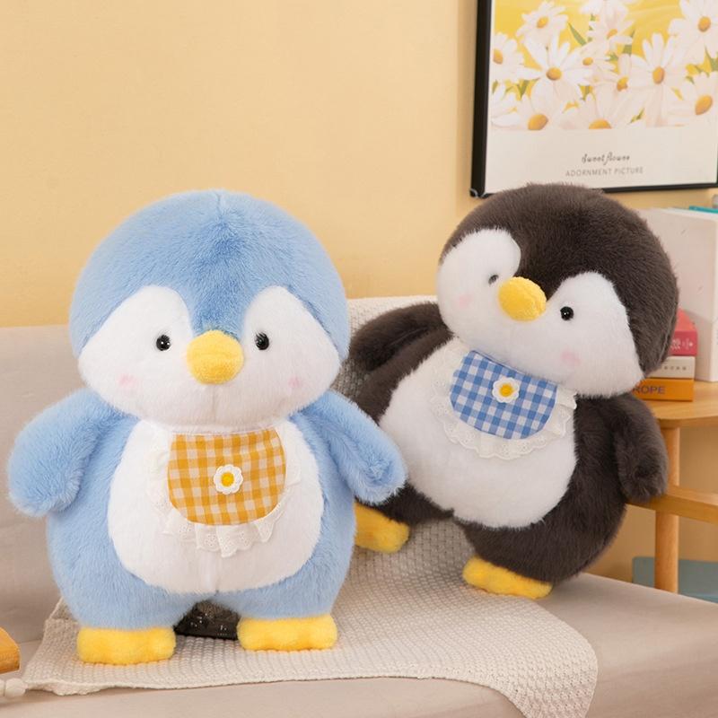 Lightweight Soft Penguin Stuffed Animal Fluffy Plush with Cute Checkered Bib for Kids Outdoor Travel Gift Decor