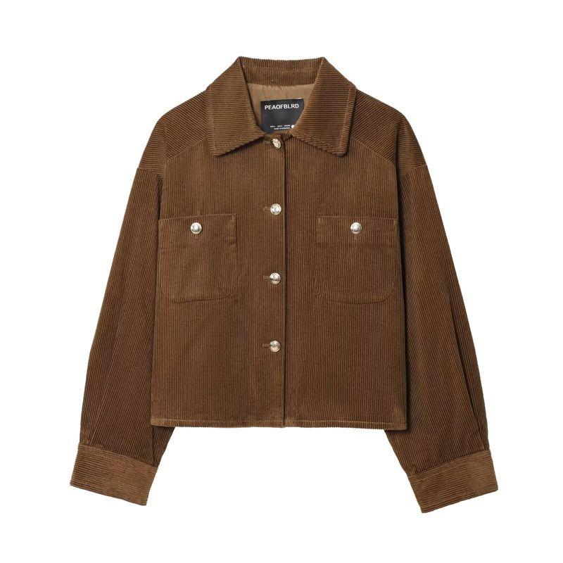 Kaslead New Women Clothes Western Style Corduroy Large Profile Long Sleeve Lapel Pocket Outerwear 129746