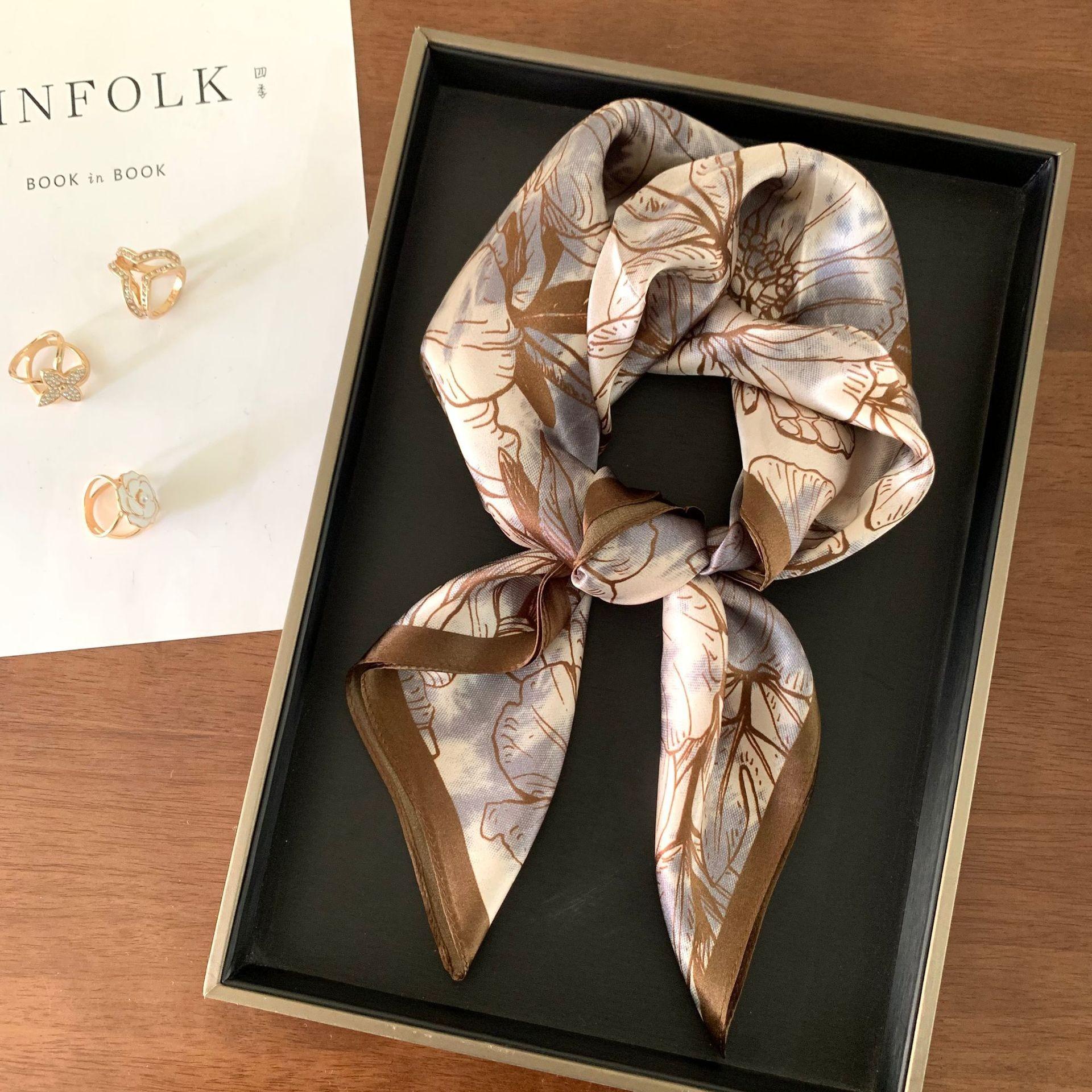 National style butterfly flower love, silk mulberry silk blue small silk scarf square scarf women s spring and autumn neck protection scarf thin 65-65cm