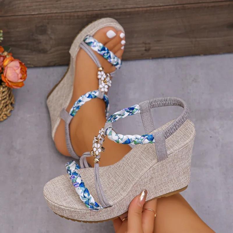 

Fashion Women s Slope Heel Sandals Summer New Round Head Open Toe Metal Buckle Thick Sole Anti-slip Wear-resistant High Heels 43