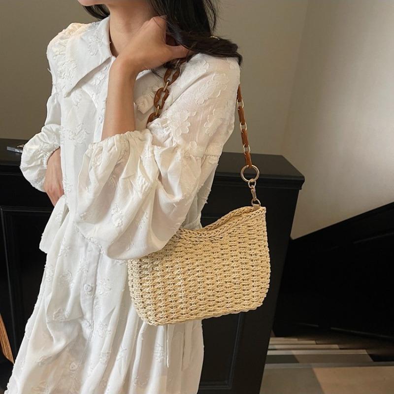 Seaside Woven Acrylic Portable Small Square Bag, New Hard-shaped Straw Woven Mobile Phone Bag, Holiday Messenger Bag