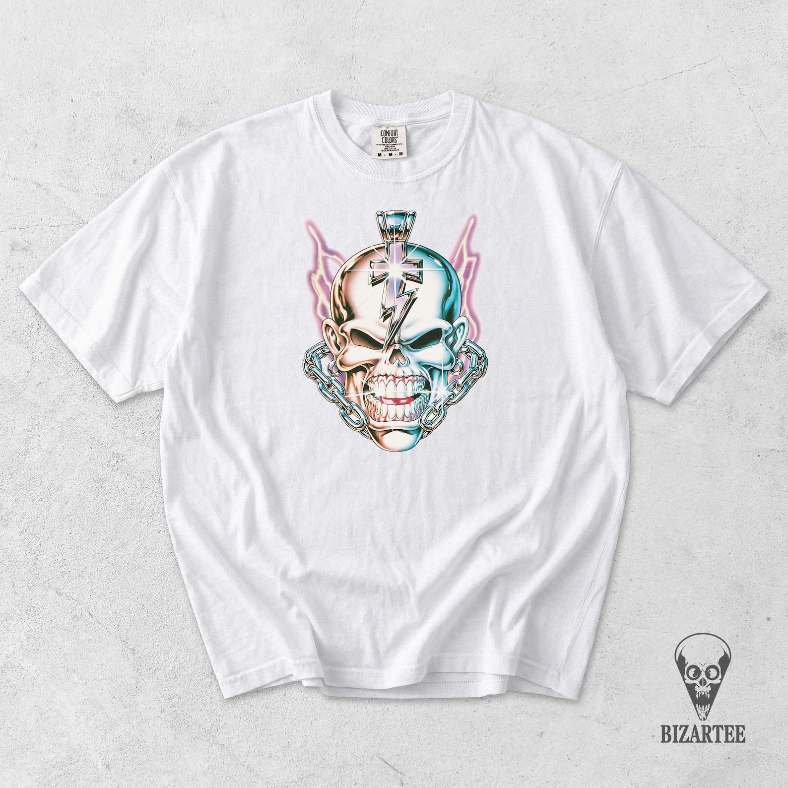 Y2K Chrome Skull Shirt - Cyber Grunge Lightning Tee, Heavy Metal Gothic Clothing 3XL