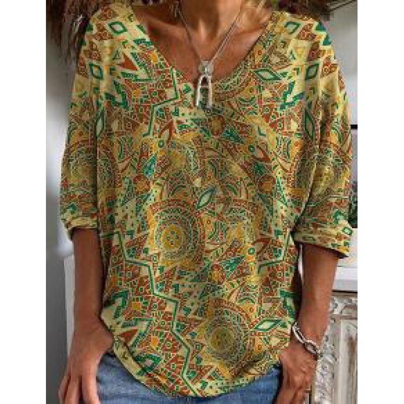 

Свободная футболка с длинным рукавом, геометрическим узором, 3D цифровой печатью, V-образным вырезом и коротким рукавом для женщин L