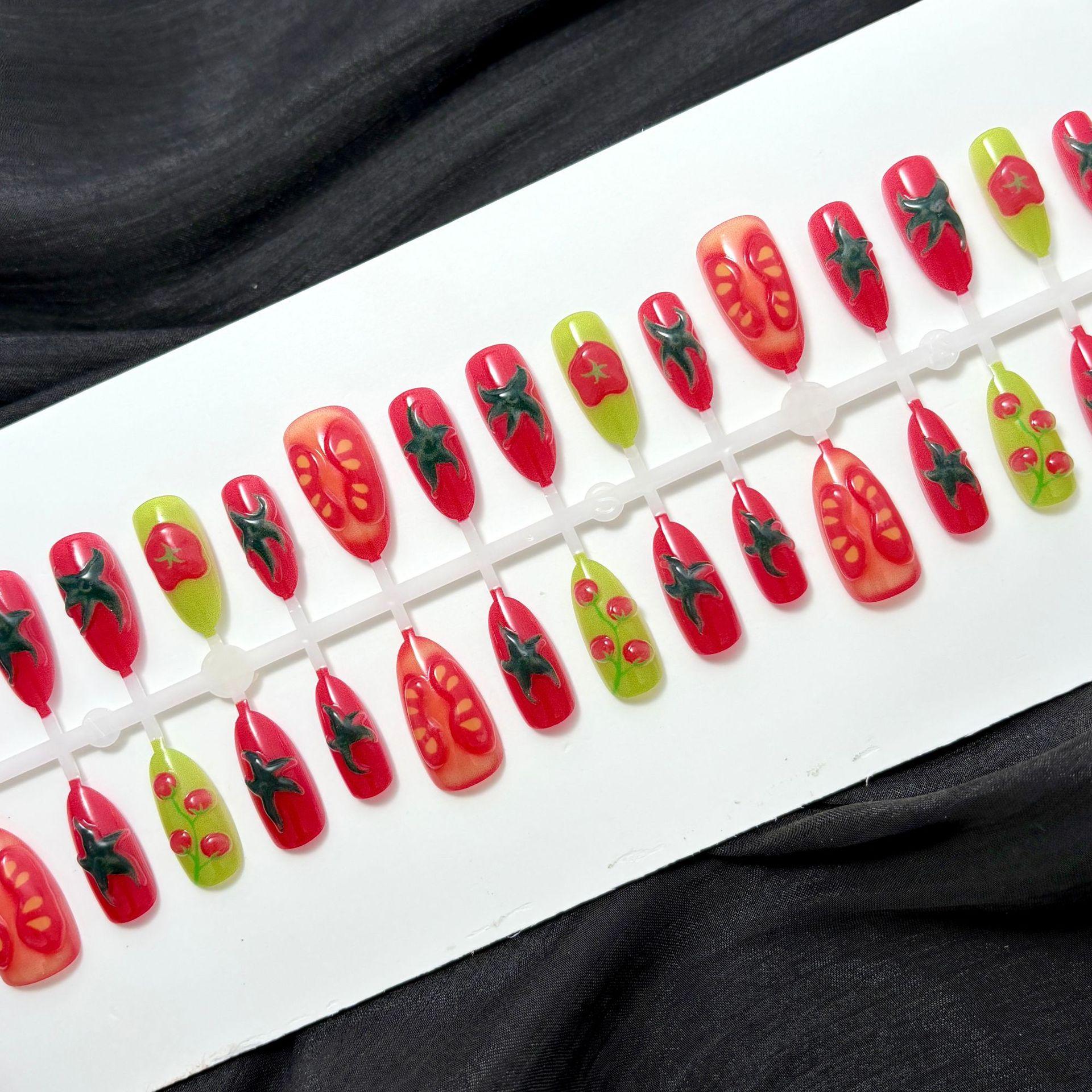 

Red Press on Nails Almond Fake Nail with Tomato Designs Reusable False Nails Press ons Glossy Full Cover Acrylic Glue on Nails Stick on Nail for Women