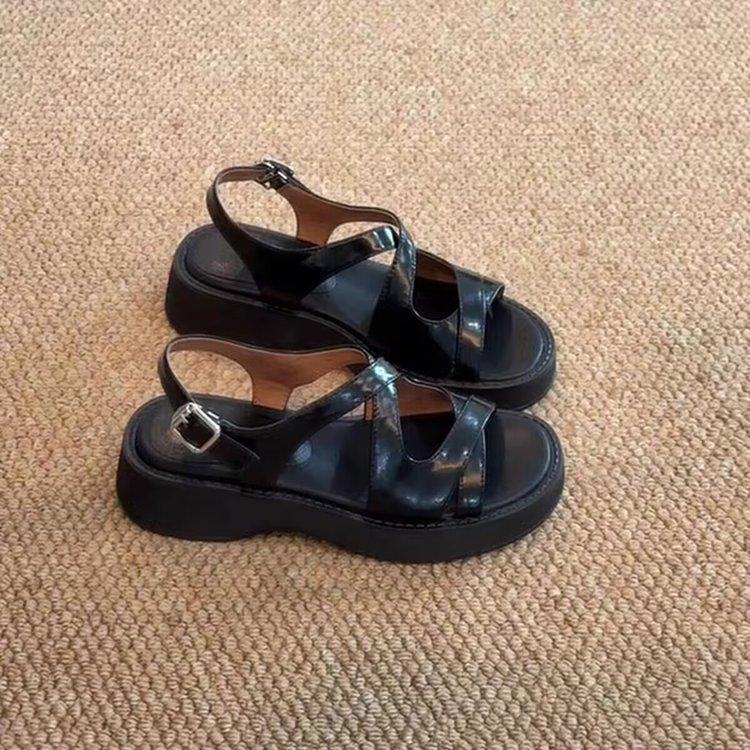 

Soft leather version~ New literary and artistic thick-soled Roman shoes for women s versatile casual outer wear one-word sandals with soft soles 35