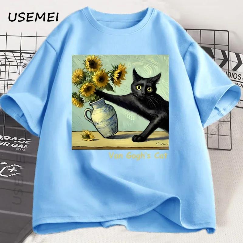 Van Goghs Cat Art Print T Shirt Funny Graphci T Shirts Cotton Trendy Summer Loose Short Sleeved Tshirt Unisex Unisex Harajuku Top
