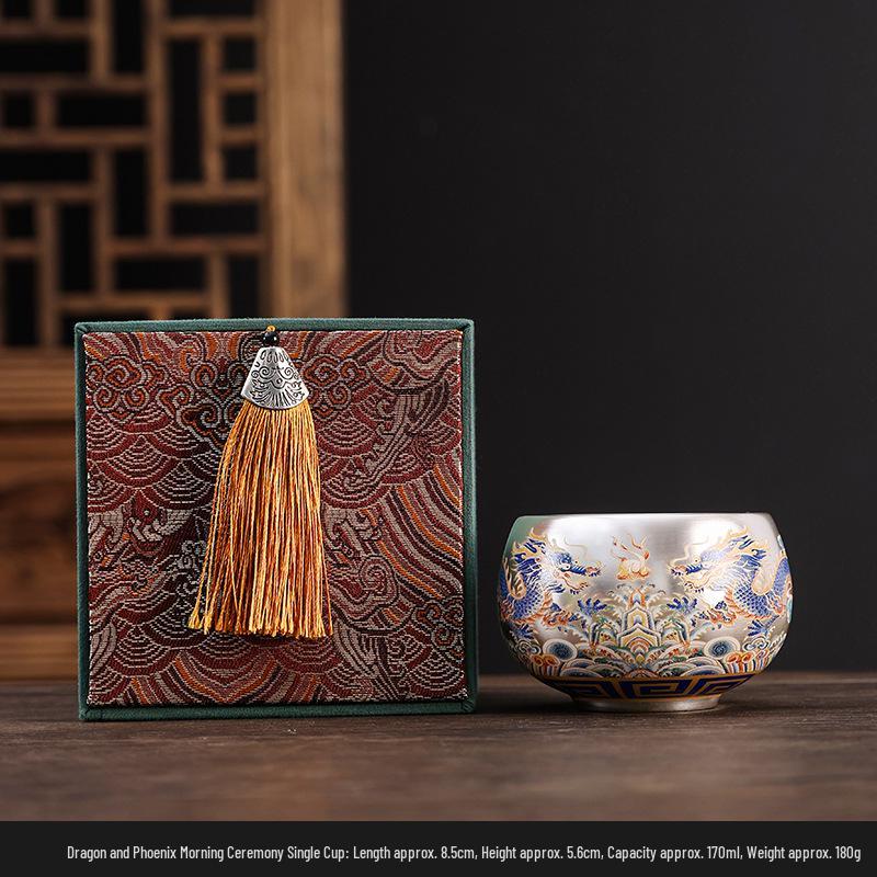 Silver-Plated Dragon & Phoenix Tea Cups - Kung Fu Tea Set Souvenir 170ml