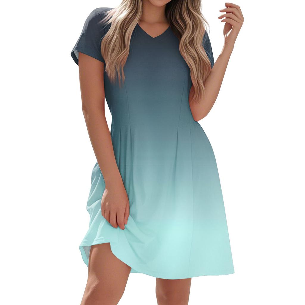 Women's Fashion Casual Short-sleeved V-neck Gradual Print Home Holiday Casual Dress