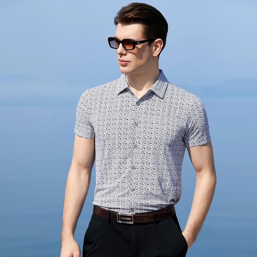 [Digital Printing&Cool Skin Friendly] Summer Stretch Easy To Care Business Casual Middle Aged Shirt Men's Short Sleeve