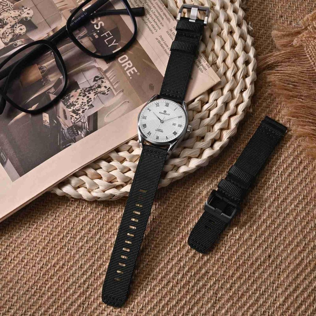 ANNEFIT Reloj de Nylon Reloj Militar Correa de Nylon de Repuesto con Hebilla de Liberación Rápida de Tela, Correa, 18mm, Acabado de Dos Piezas, Negro/Plata