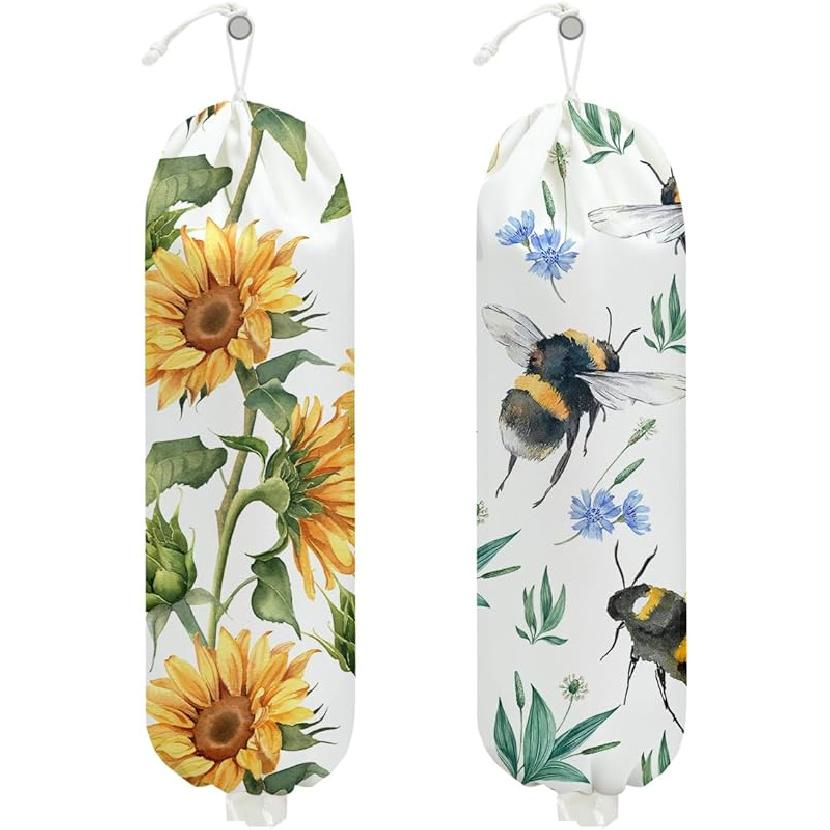 2Pcs Bee Plastic Bag Holder, Wall Mount Grocery Bag Holder for Plastic Bags, Sunflower Reusable Grocery Bags Storage Dispenser for Home Kitchen