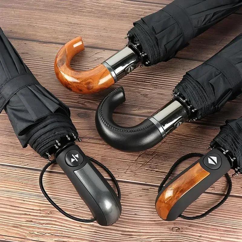 Paraguas británico con mango de cuero para hombre, automático, de negocios, con 10 varillas, resistente al viento, con 3 pliegues, grande, resistente a la lluvia, para mujer, sombrilla de calidad