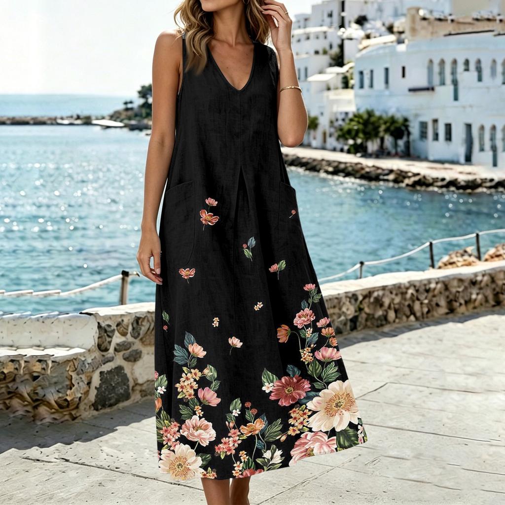 Sleeveless V Neck Midi Dress with Leaf Pattern Print Loose Fit Casual Style Lightweight Fabric