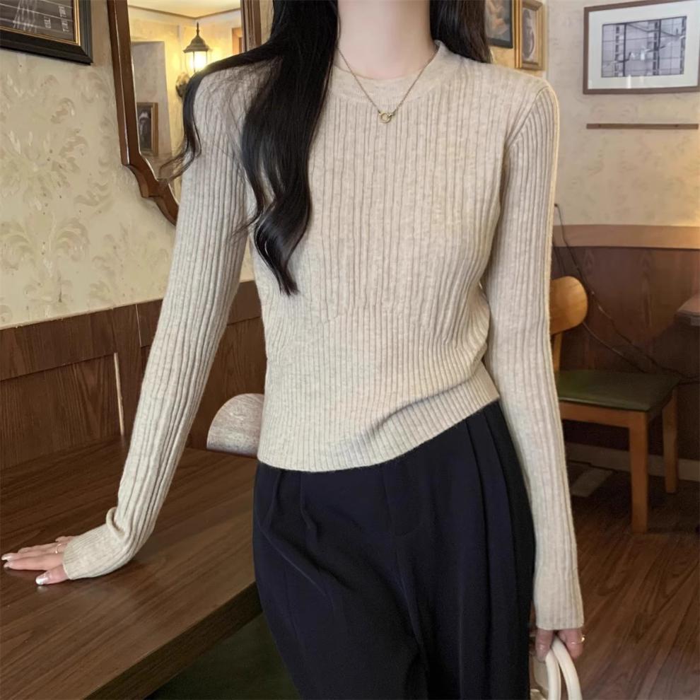 Round Neck Sweaters Knitted Sweater for Women Autumn Winter Basic Pullovers Slim Fit Waist Cinching Short Pullover