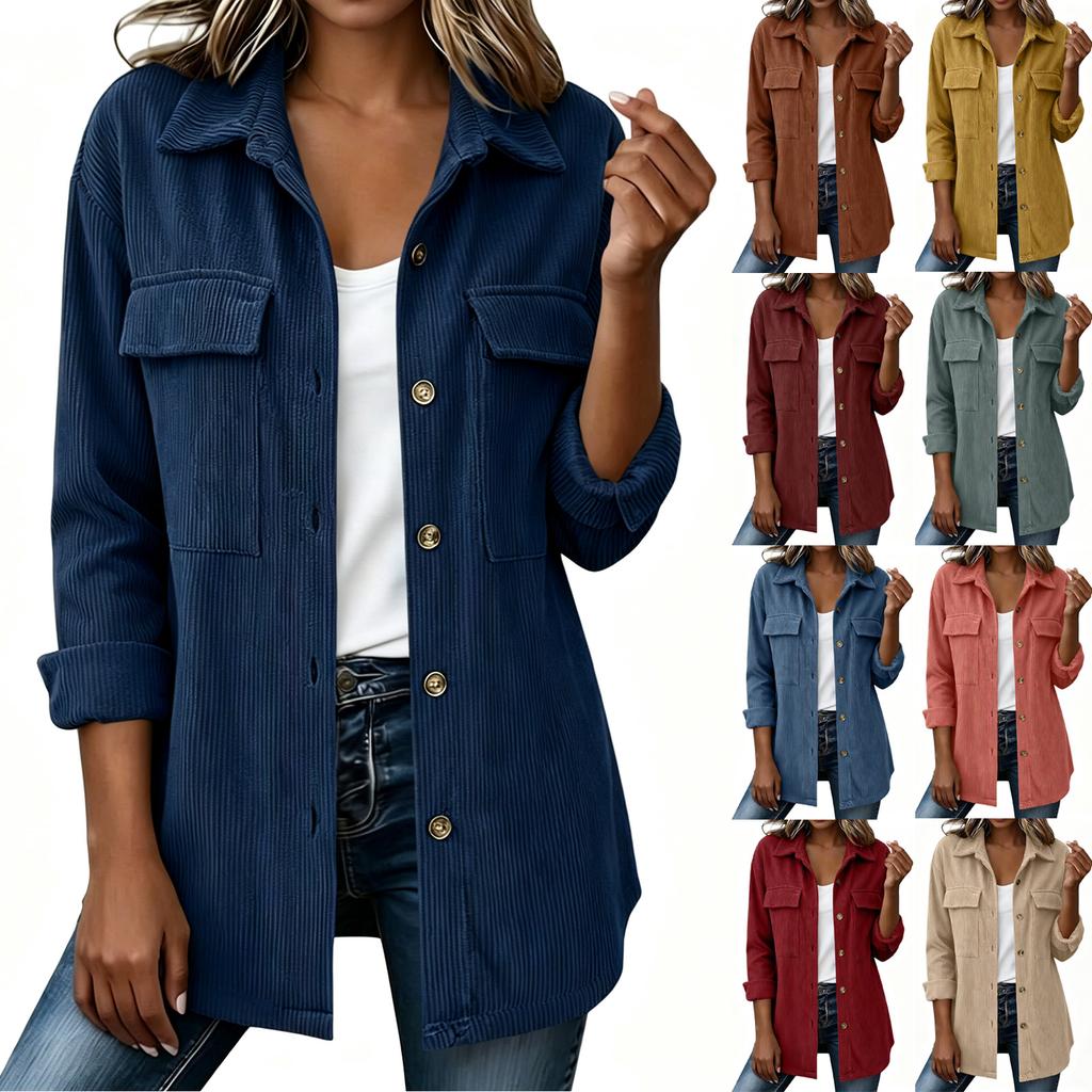 Women's loose corduroy button-down long-sleeved blouse with double pockets