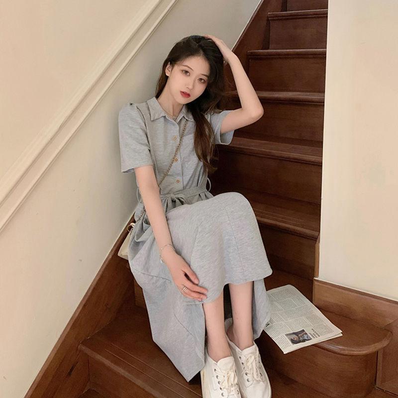 Skjortekjole Koreansk sommerversjon av løs tynn høy midje Mellomlangt skjørt Knelange kjoler