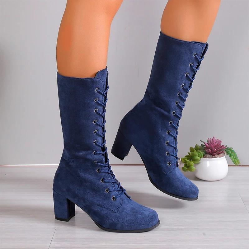 

Женские ботильоны челси до середины икры с острым носком, из замши, на среднем каблуке, на массивной подошве, модные зимние ботинки 2024, обувь для ходьбы, туфли-лодочки, трендовая женская обувь 42 королевский синий