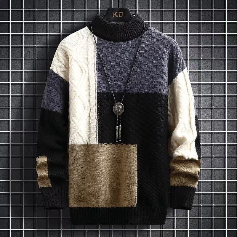 Men's Japanese Retro Color Block Knit Sweater - Autumn/Winter Long Sleeve Casual Pullover