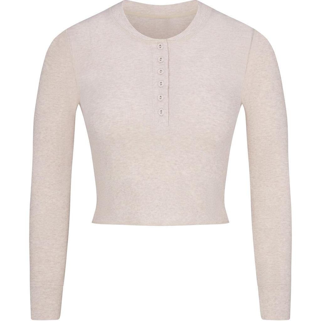 SKIMS Holiday Collection FW24 Cotton Rib Long Sleeve Crop Henley Soft Ribbed Fitted Crop Top Women tops Heather-Oatmeal AP-CRP-2206-OAT