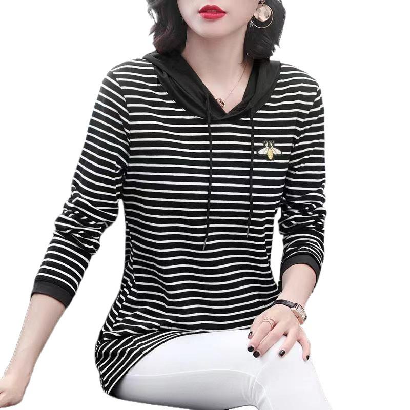 2025 Spring & Autumn Hooded Striped Sweatshirt for Middle-Aged & Plus Size, Mid-Length Mother's Wear