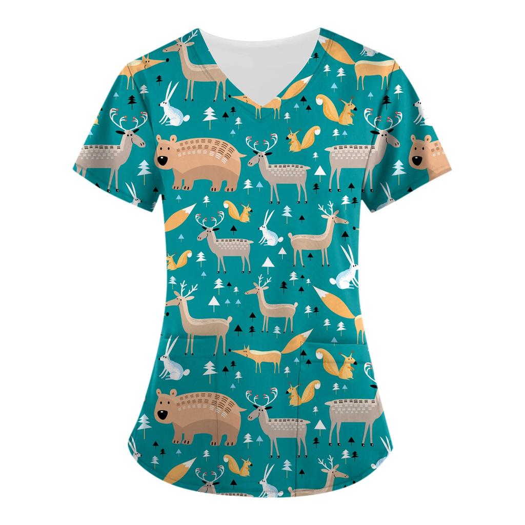 Women's Cute Animals Printed Short Sleeve V-neck Tops Working Pocket Blouse