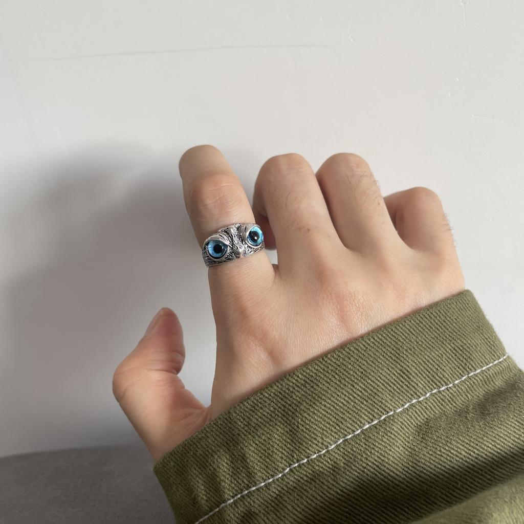 Retro Blue Eye Owl Adjustable Open Ring Punk Gothic Edgy Jewelry For Men Women Creative Animal Accessories Cute Gift For Family