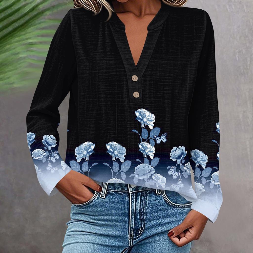 Camisa de Moda y Casual para Mujer Manga Larga Cuello en V Botones Estampada Blusa Top