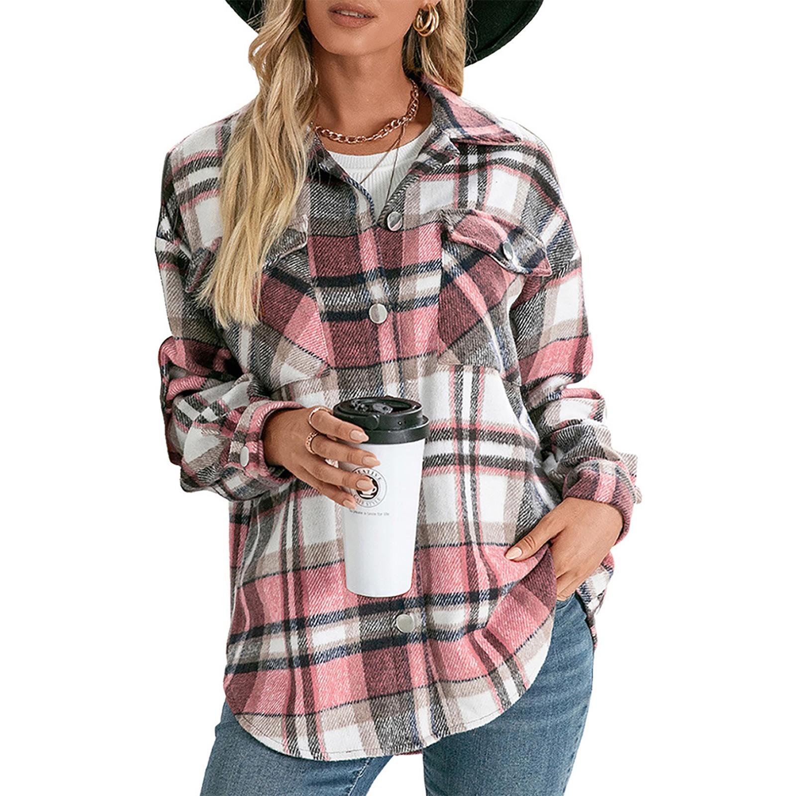 

Женская зимняя повседневная свободная шерстяная рубашка в клетку, плюшевая рубашка в клетку, куртка S розовый