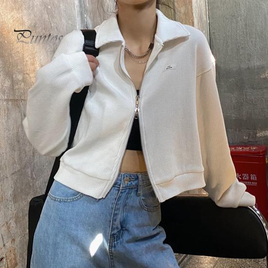 Cardigan Lapel Long Sleeves Zipper Closure Ribbed Women Coat Crop Spring Autumn Thin Solid Color Short Casual