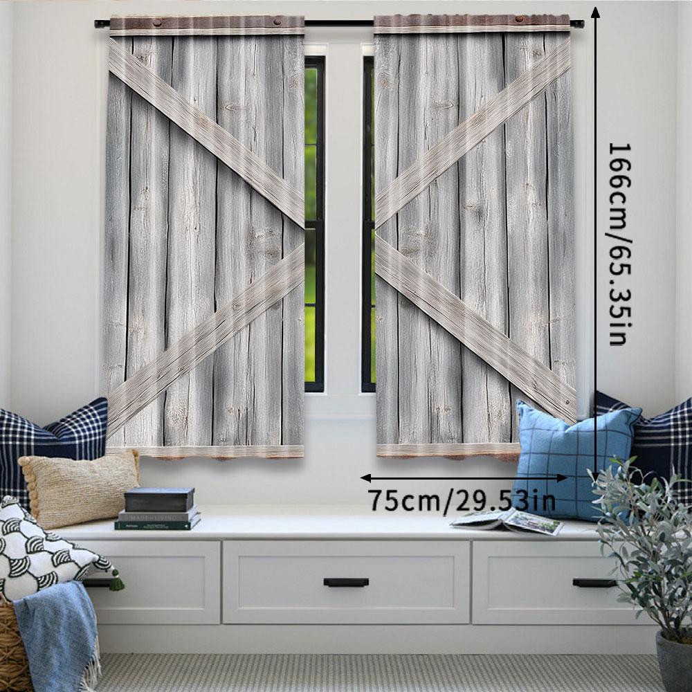 Set Of 2 Rustic Wooden Barn Door Western Country Theme Curtain Vintage Rural Farm House Window Curtains Modern Simplistic Drapes Polyester
