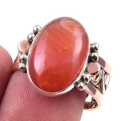 Natural Carnelian Gemstone Handmade 925 Sterling Silver Two Tone Ring S.9 E8q54