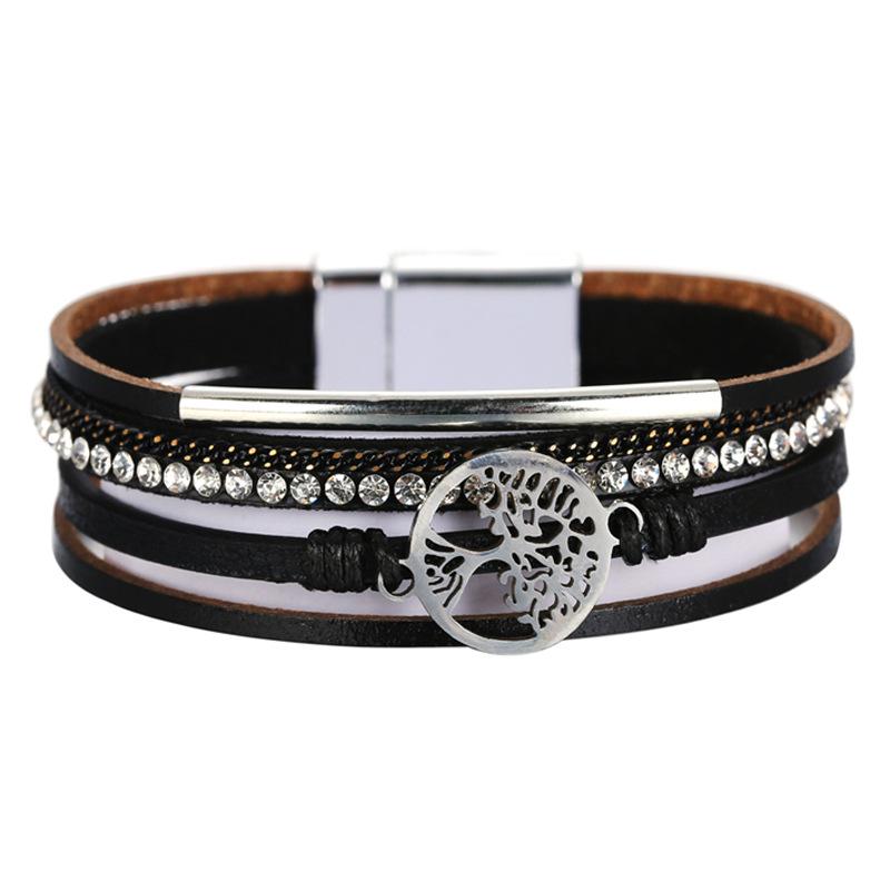 Bohemian Multi-Layer Leather Bracelet with Rhinestone Tree of Life Design