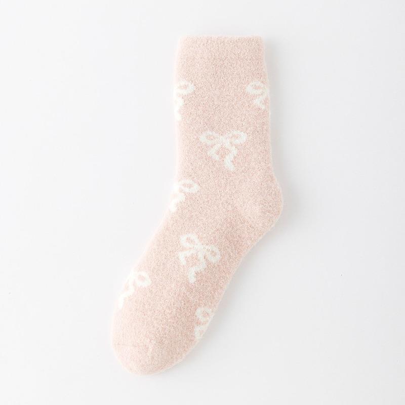 Sock Children's Mid-length Winter and Autumn Thickened Fleece-lined Warm Floor Socks with Bows, Versatile for Home Use and Sleepwear, for Women.