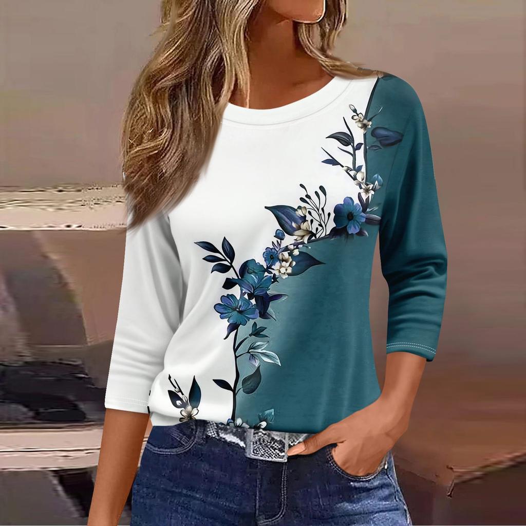 Women's Fashion Casual Round Neck 3/4 Sleeve Loose  Printed T-Shirt Ladies Top