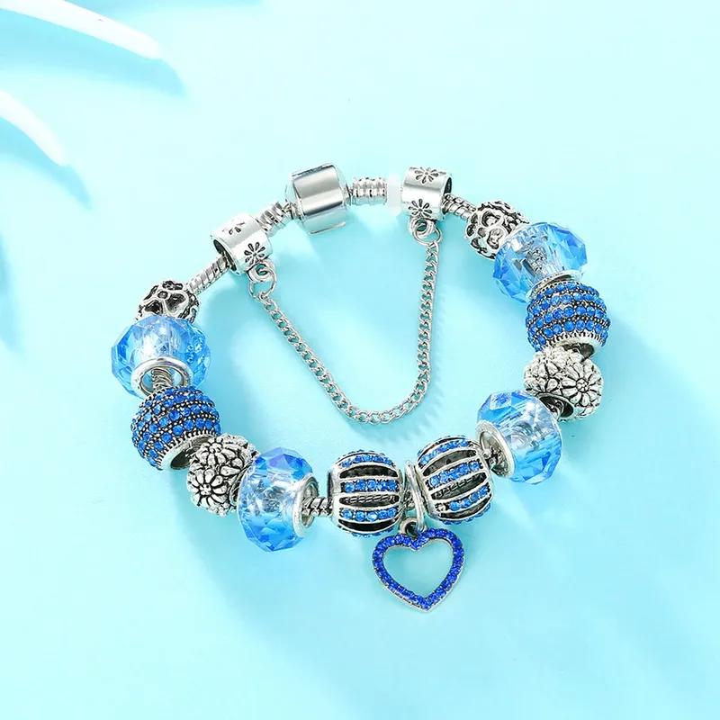Amazon eBay Popular Fashion Diamond Set Large Hole Bead Bracelet Blue Ocean Crystal Love Pendant Bracelet
